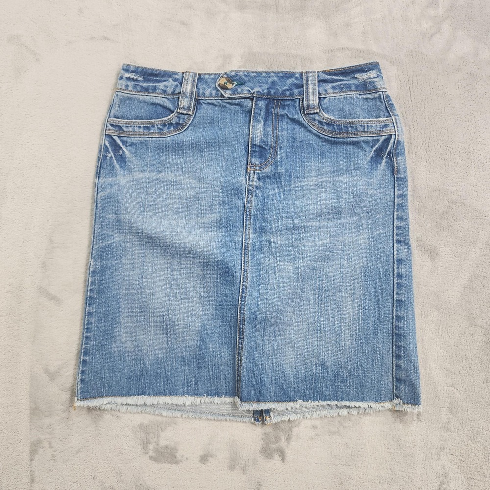 Vintage Old Navy Skirt Women 1 Juniors Blue Denim Pencil Raw Hem Low Waist Mini